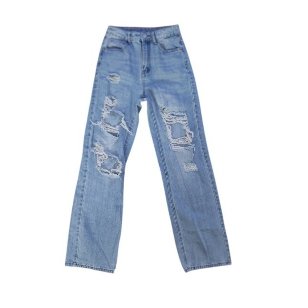 SHEIN Blue Light Wash Distressed Ripped High Waist Straight Leg Jeans Size 2 E15